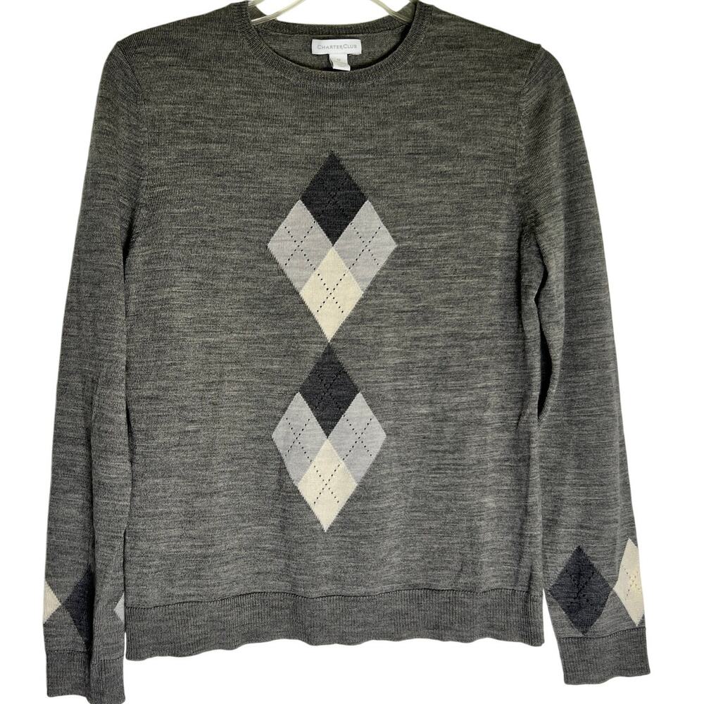 Charter Club 100% Wool Argyle Long Sleeve Pullover Sweater Womens Size M Gray